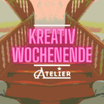 Comic-Stil: Eine braune Treppe führt nach oben. Schriftzug in Neonpink zentral: Krearivwochenende