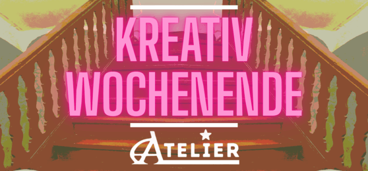 Comic-Stil: Eine braune Treppe führt nach oben. Schriftzug in Neonpink zentral: Krearivwochenende