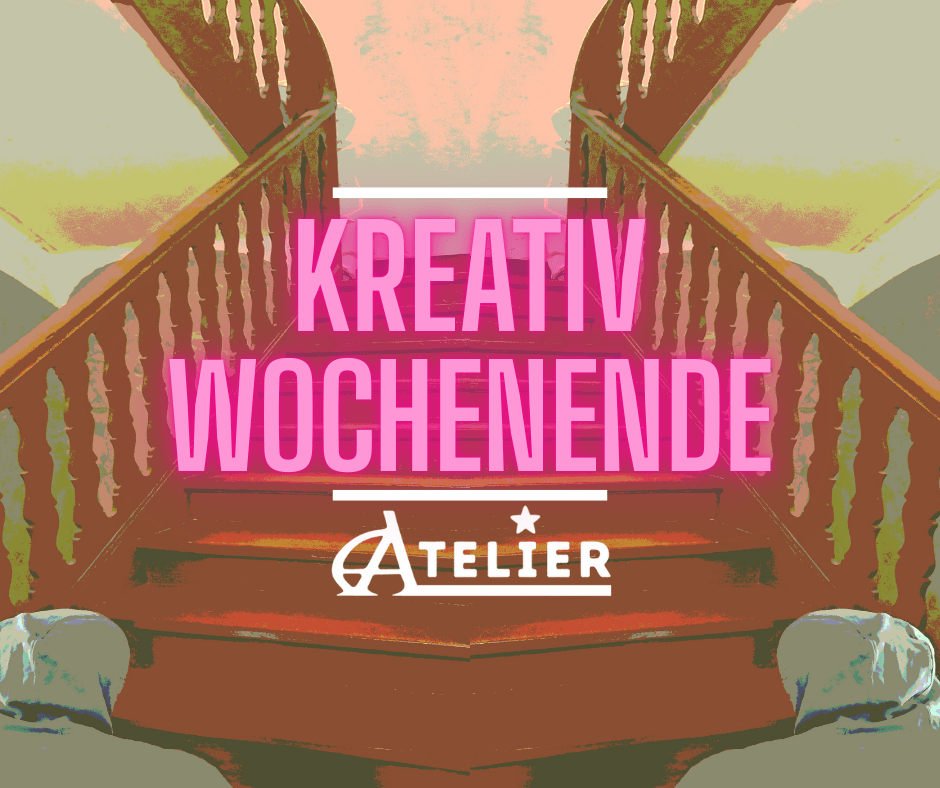 Comic-Stil: Eine braune Treppe führt nach oben. Schriftzug in Neonpink zentral: Krearivwochenende