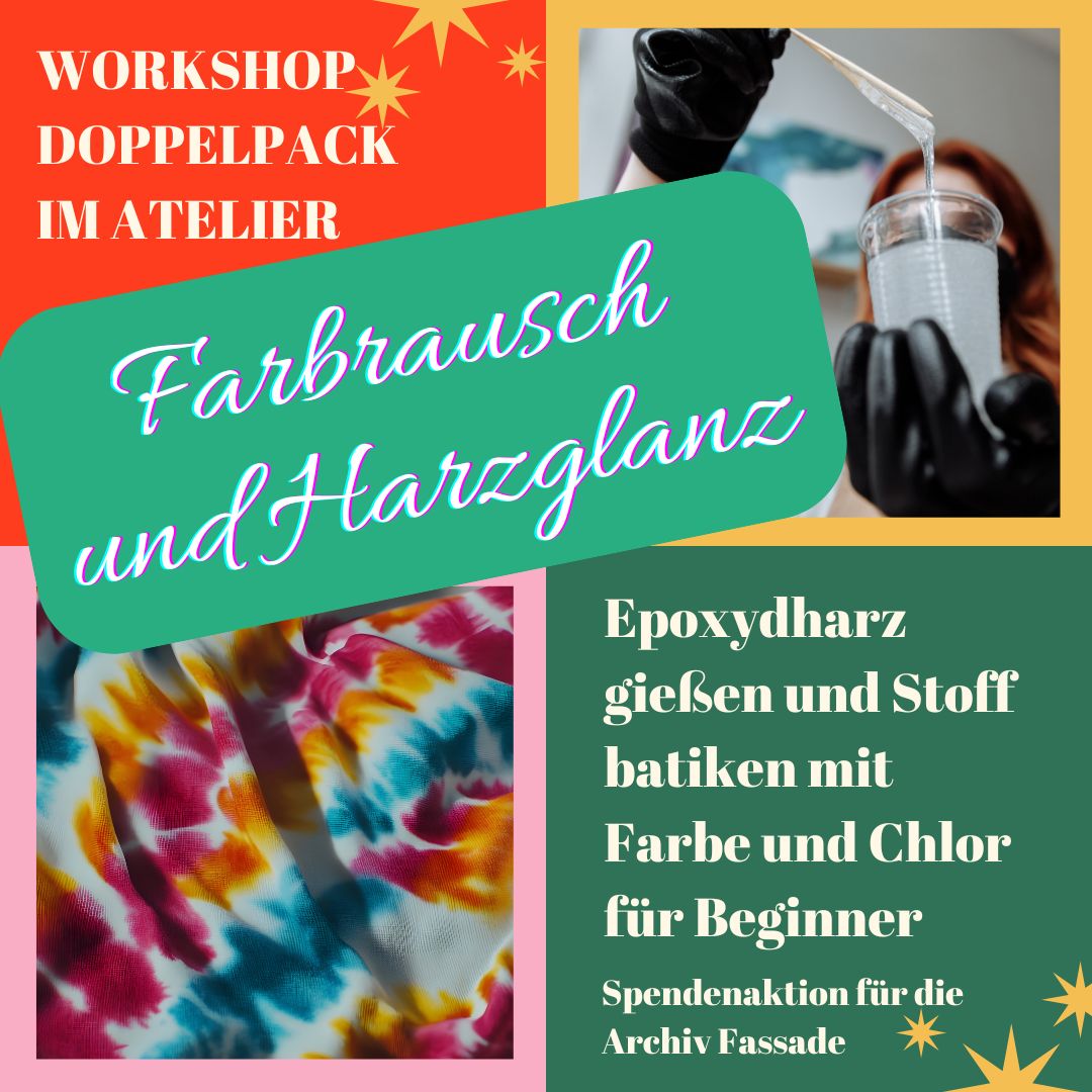 Grafik für den Workshop, daraus ist ein kleines bit von einem bunten Stoff und ein Kleines Bild von einer Frau die Handschuhe trägt und eine Flüssigkeit in einen Becher gießt