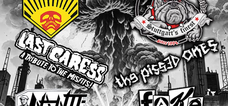 Plakat Punkrock Explosion 4, mehrere Bandlogos vor einem schwarzweiß Hintergrund. Dort ist eine Explosionswolke/Pilz vor einer Skyline