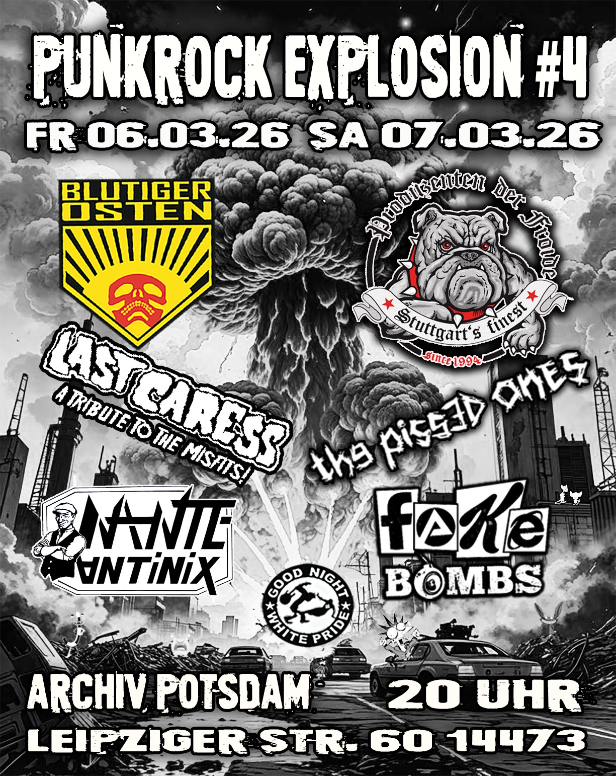 Plakat Punkrock Explosion 4, mehrere Bandlogos vor einem schwarzweiß Hintergrund. Dort ist eine Explosionswolke/Pilz vor einer Skyline