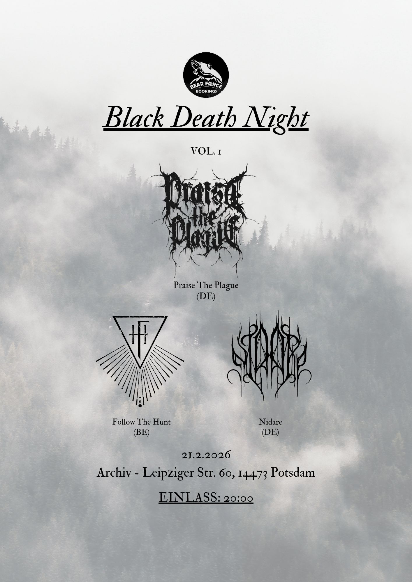 Grauer wolkiger Hintergrund, zentral oben steht "Black Death Night", darunter sind Bandlogos