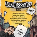 Plakat, Zentralperspektive in eine staße, Recht und links Häuse, eine männliche Figur macht unten links eine Grimasse, der Himmel ist Gelb, darüber stehen informationen