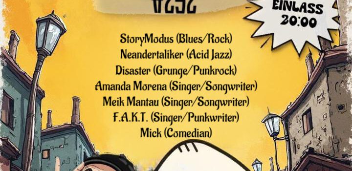 Plakat, Zentralperspektive in eine staße, Recht und links Häuse, eine männliche Figur macht unten links eine Grimasse, der Himmel ist Gelb, darüber stehen informationen