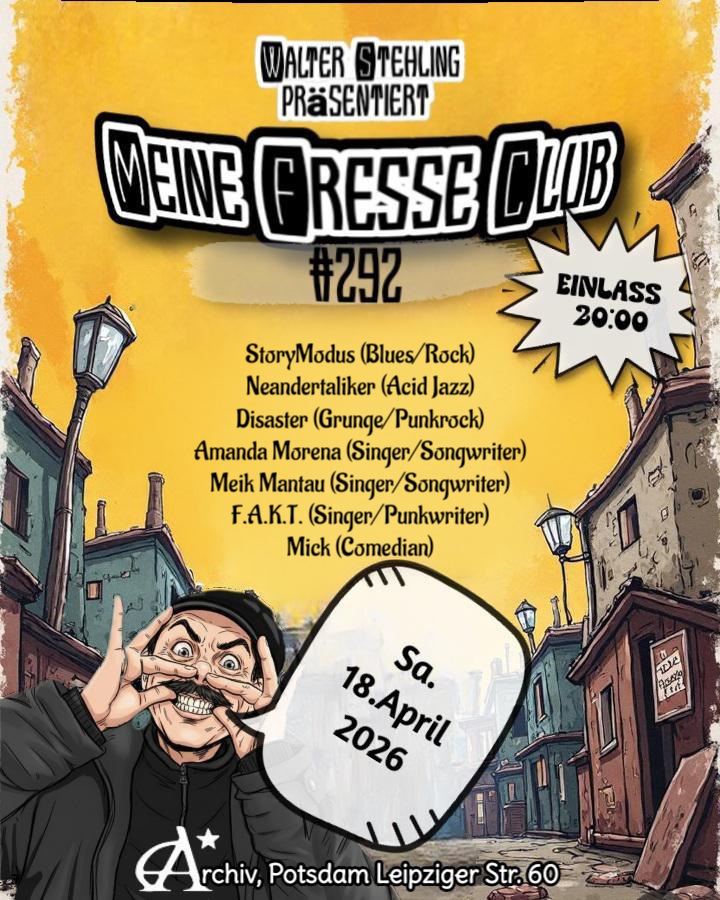 Plakat, Zentralperspektive in eine staße, Recht und links Häuse, eine männliche Figur macht unten links eine Grimasse, der Himmel ist Gelb, darüber stehen informationen