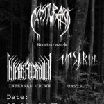 Weiße Schrift und Bandlogos auf dunklem Hintergrund Schatten von Bäumen