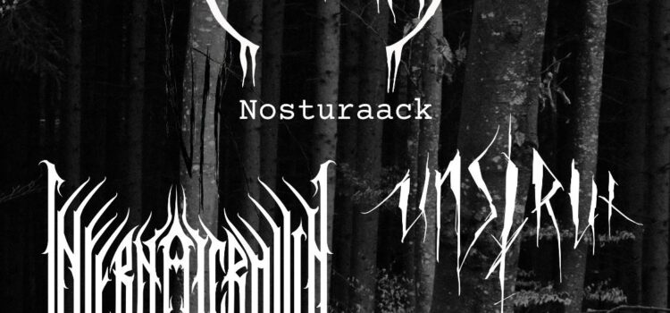 Weiße Schrift und Bandlogos auf dunklem Hintergrund Schatten von Bäumen