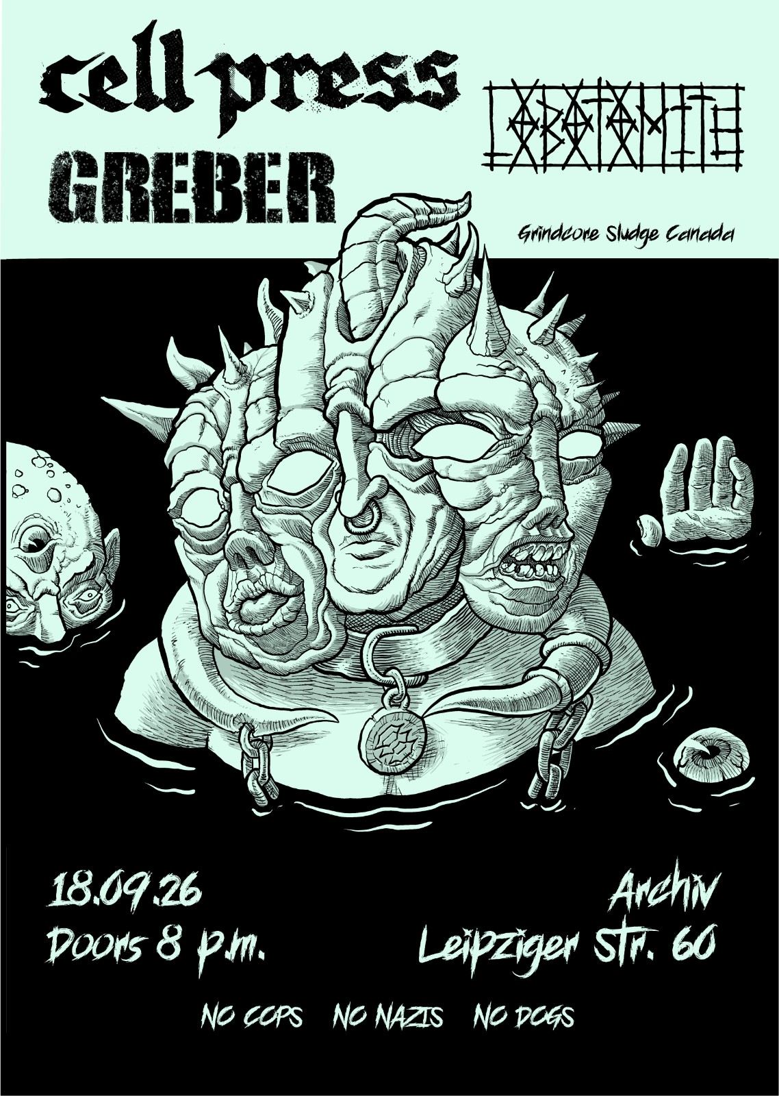 Plakat schwarz weiß, ein Wesen das aus drei köpfen zu bestehen scheint