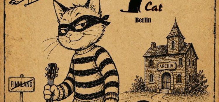 Plakat, Eine Zeichnung einer Katze mit Maske und gestreiftem Shirt schleicht mit einer Gitarre herrum