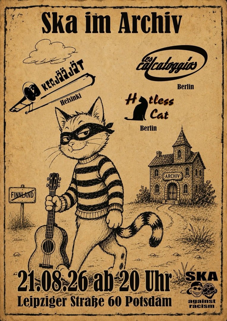 Plakat, Eine Zeichnung einer Katze mit Maske und gestreiftem Shirt schleicht mit einer Gitarre herrum