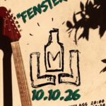 links: Ausschnitt, Eine Gitarrenhals lehnt an eine Wand, rechts ist ein Schatten von einem Ast mit Blättern, Text darauf: Thema Fenster, 10.10