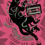 Plakat, eine Schwarze Katze spielt mit einer Tonband-Kasette und zerreißt das Band