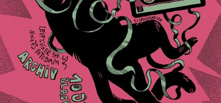 Plakat, eine Schwarze Katze spielt mit einer Tonband-Kasette und zerreißt das Band