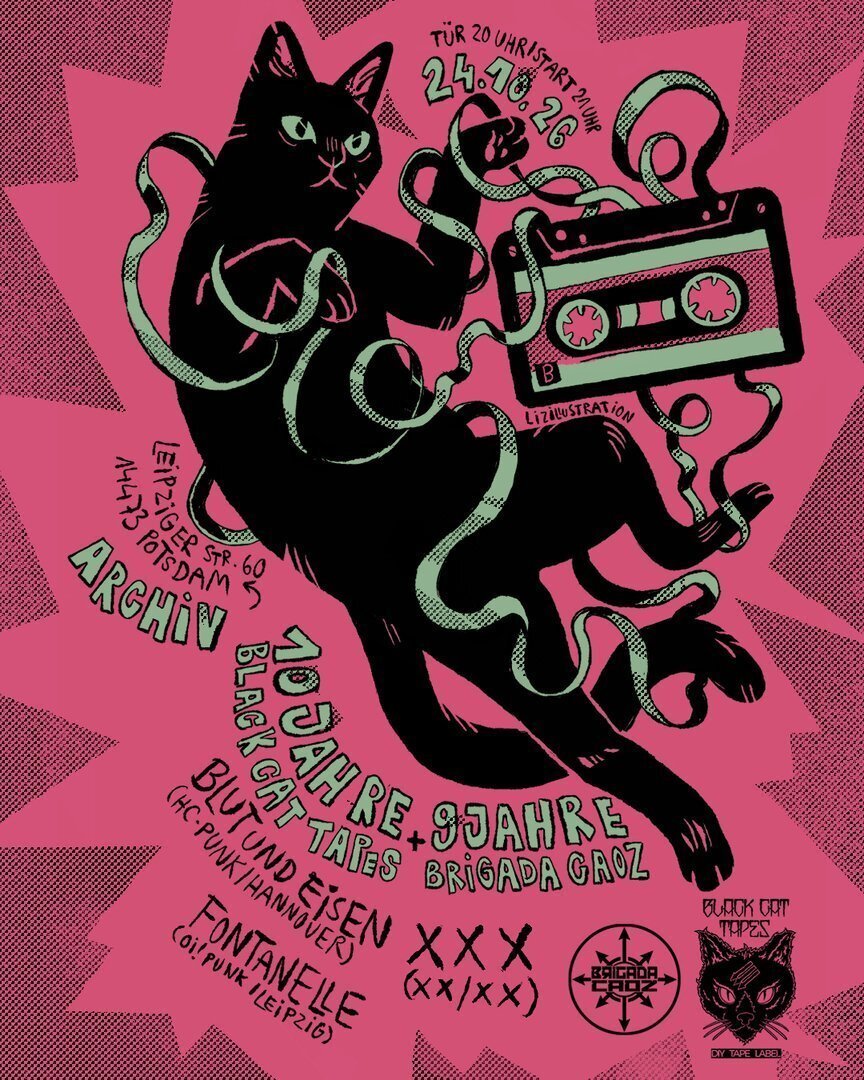 Plakat, eine Schwarze Katze spielt mit einer Tonband-Kasette und zerreißt das Band